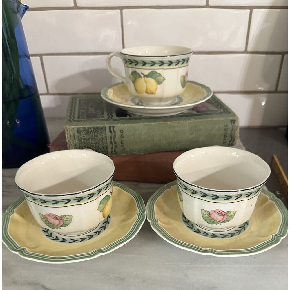 3 Villeroy & Boch French Garden Fleurence Cup & Saucer Sets Lemons Cottage Core